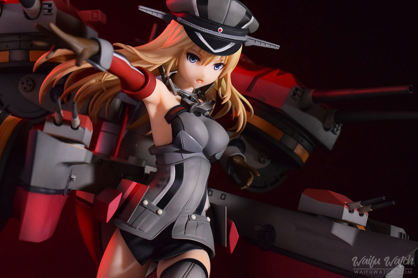 anchor bare_shoulders bismarck bismarck_(kantai_collection) blonde_hair blue_eyes breastplate cannons detached_sleeves female figure floating_hair gloves hat kantai_collection long_hair military military_hat peaked_cap solo thighhighs turret watermark