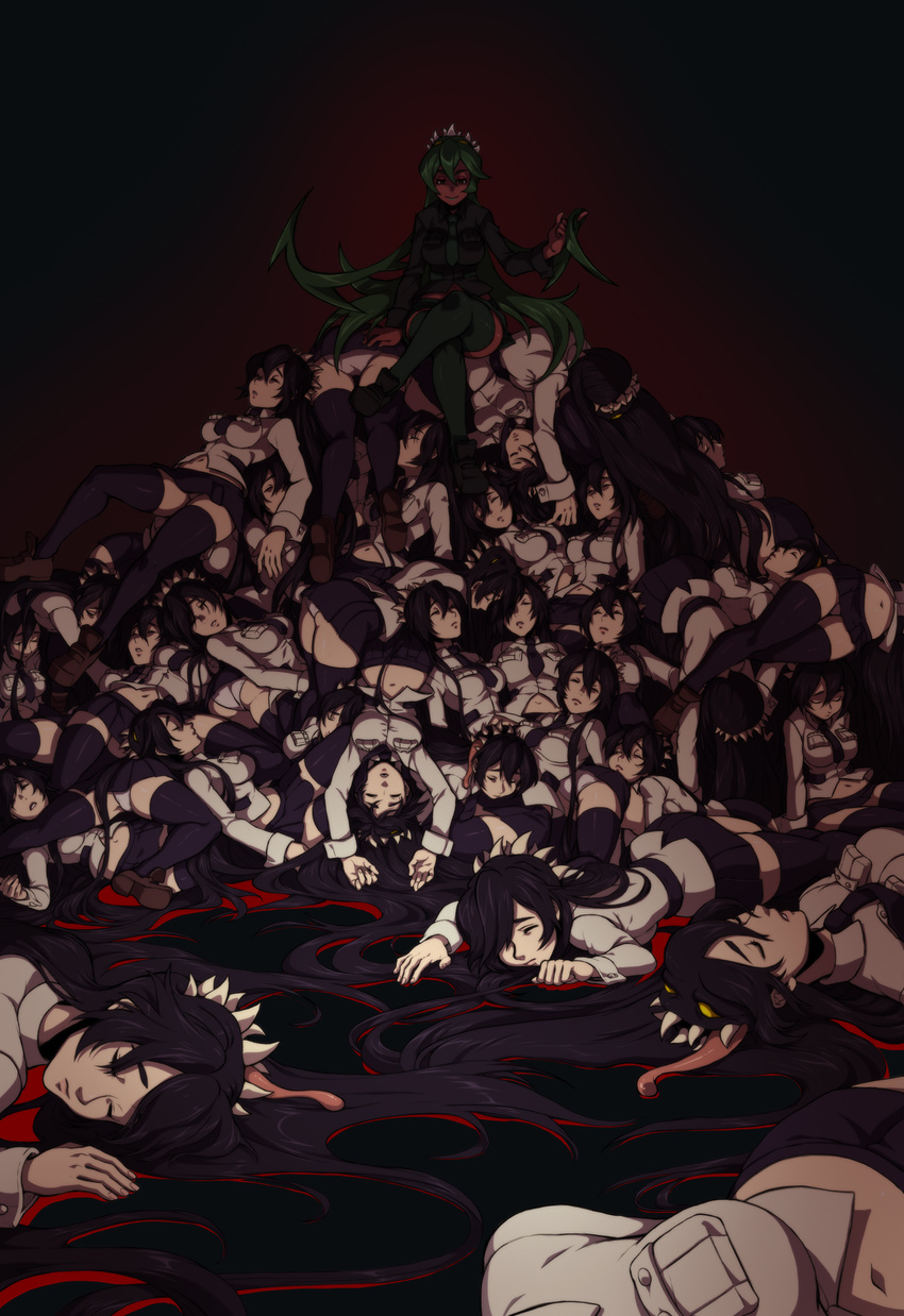 6+girls ass bad_id bad_pixiv_id black_thighhighs breasts clone crossed_legs dark-skinned_female dark_skin filia_(skullgirls) fukua_(skullgirls) ganno green_legwear highres loafers medium_breasts midriff miniskirt multiple_girls navel necktie panties pantyshot pile_of_corpses samson_(skullgirls) school_uniform shamone_(skullgirls) shoes sitting sitting_on_person skirt skullgirls solo_focus thighhighs underwear white_panties