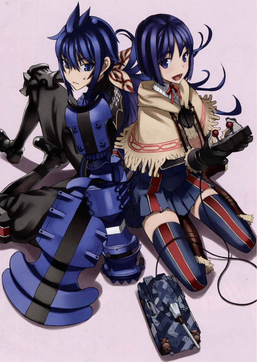 2girls absurdres armor black_gloves blue_eyes blue_hair blue_skirt controller edelweiss_(senjou_no_valkyria) gloves grey_background highres holding honjou_raita imca isara_gunther kneeling long_hair military military_uniform military_vehicle motor_vehicle multiple_girls open_mouth pleated_skirt red_ribbon remote_control remote_control_vehicle ribbon senjou_no_valkyria_(series) senjou_no_valkyria_1 senjou_no_valkyria_3 short_hair simple_background sitting skirt sweatdrop tank thighhighs toy toy_tank uniform