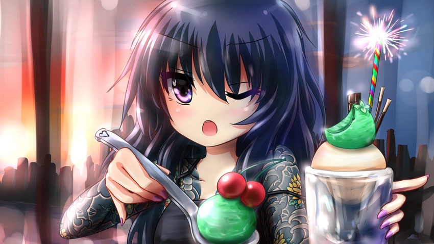 background black_hair closed_eye eyebrows eyebrows_visible_through_hair full_body_tattoo highres ice_cream incoming_food irezumi long_hair looking_at_viewer open_mouth purple_eyes ryuu_ga_gotoku seiji_(artist) spoon tattoo