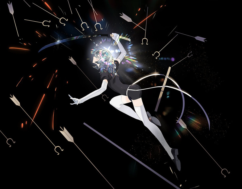 1other androgynous arrow_(projectile) black_background black_necktie black_shirt black_shorts blade collared_shirt commentary_request crystal_hair diamond_(houseki_no_kuni) elbow_gloves full_body gem_uniform_(houseki_no_kuni) gloves houseki_no_kuni jumping multicolored_hair necktie other_focus rain_of_arrows shirt short_hair short_sleeves shorts simple_background solo sparkle thighhighs uleecii uniform white_gloves white_shirt white_thighhighs wing_collar