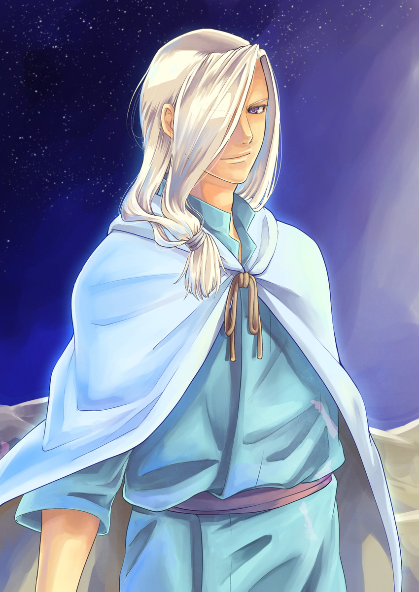 1boy akarito<hito> arslan_senki bad_id bad_pixiv_id cape hair_over_one_eye highres long_hair low_ponytail male_focus manly narsus night purple_eyes solo star_(sky) white_hair