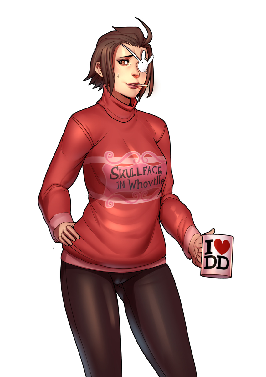 ahoge breasts brown_eyes brown_hair cameo christmas cigarette cowboy_shot cup eyepatch female hand_on_hip highres jane_doe_(john_doe) john_doe lips looking_at_viewer mug original short_hair smoking solo sweatdrop sweater transparent_background turtleneck whoville