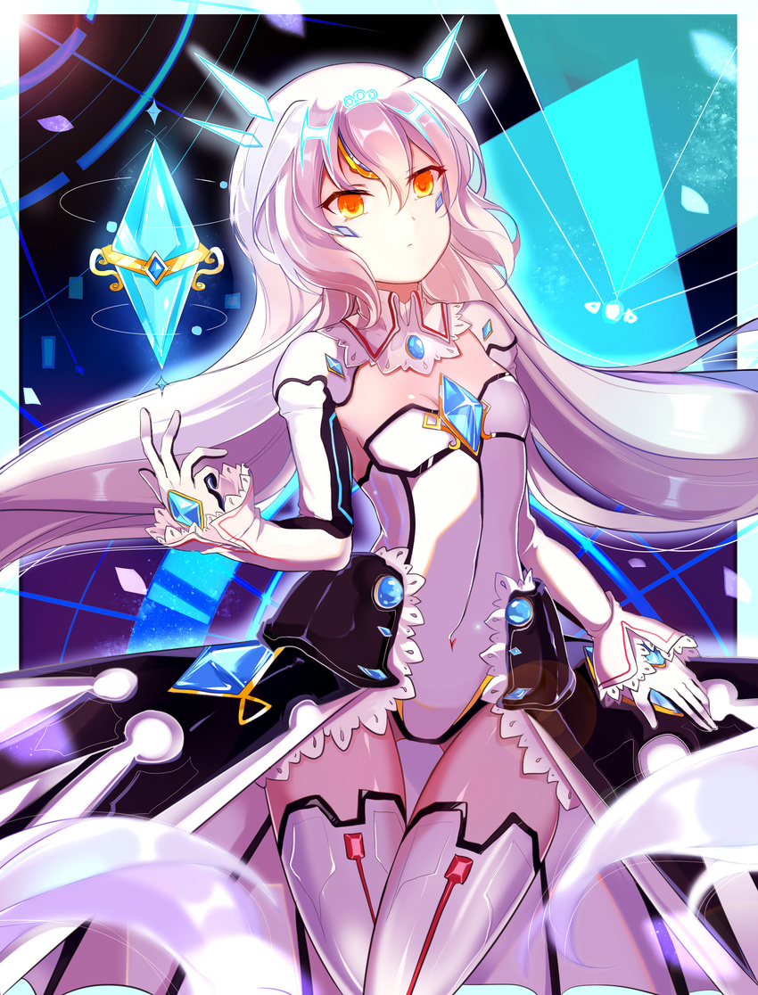 absurdres blue_background code:_battle_seraph_(elsword) covered_navel cowboy_shot detached_collar elsword eve_(elsword) expressionless gloves highres leotard long_hair looking_to_the_side orange_eyes solo thigh_gap thighhighs white_hair white_legwear xinghuo yellow_eyes