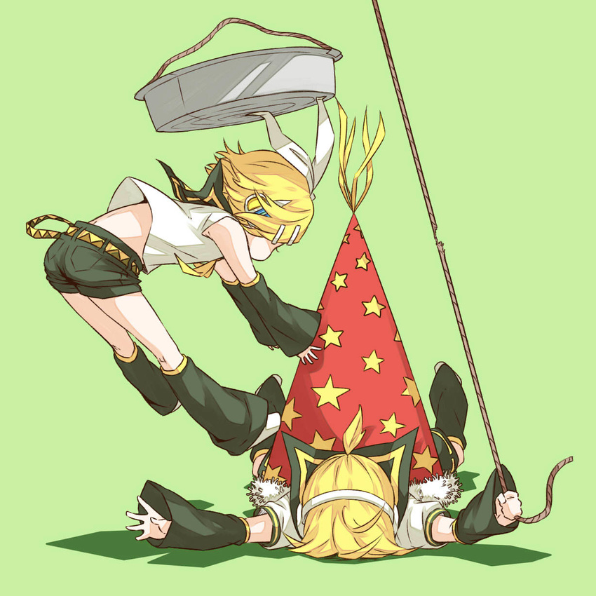 1boy 2013 arm_warmers basin belt birthday black_shorts blonde_hair bow commentary_request falling falling_basin female full_body fur_trim green_background hairband hairbow hat headphones highres jumping kagamine_len kagamine_rin large_hat leg_warmers lying on_stomach party_hat ponytail prank rindo rope sailor_collar sailor_collar_lift shirt short_hair short_sleeves shorts simple_background sleeveless sleeveless_shirt star_(symbol) star_print tripping vocaloid white_bow white_shirt