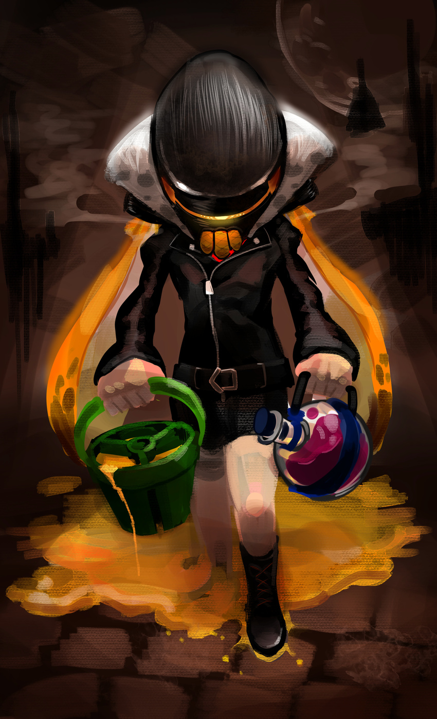 absurdres belt bike_shorts black_footwear bomb boots bottle bucket commentary_request explosive female full_body helmet highres ink inkling inkling_girl inkling_player_character jacket leather leather_jacket mask orange_hair solo splatoon_(series) splatoon_1 tentacle tentacle_hair toxic_mist_(splatoon) tri-slosher_(splatoon) uminosachi walking