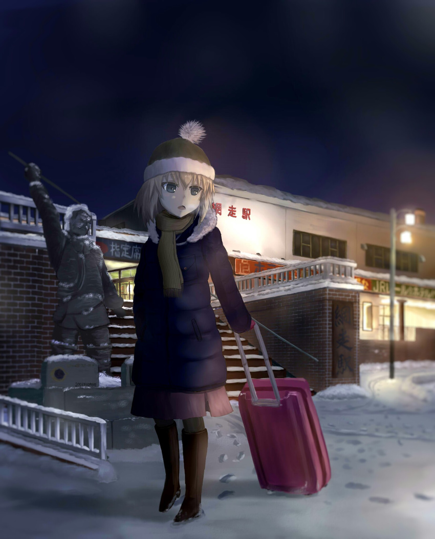 black_background black_footwear blonde_hair blue_coat blue_eyes blurry blurry_background bobblehat boots breath brown_scarf building casual coat commentary_request depth_of_field female footprints fringe_trim fur-trimmed_coat fur_trim fusou_(fuso0205) girls_und_panzer hat highres hokkaido holding katyusha_(girls_und_panzer) knee_boots lamppost long_sleeves looking_away medium_skirt night night_sky open_mouth outdoors pantyhose pink_skirt real_world_location rolling_suitcase scarf skirt sky snow solo stairs standing statue suitcase train_station translated winter winter_clothes