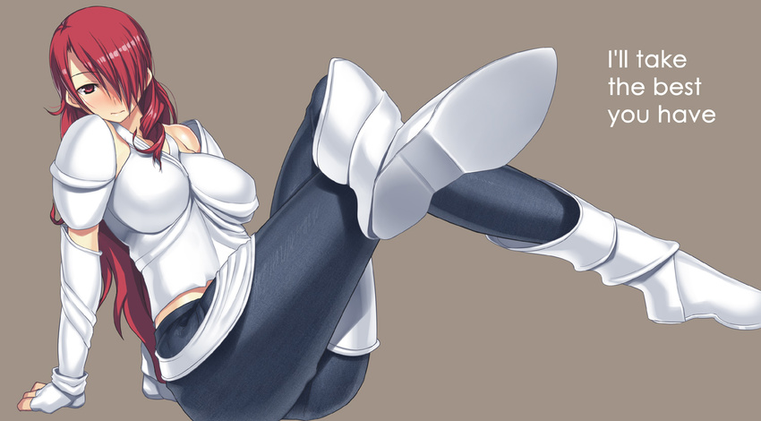 arm_support armor blush breasts commentary_request cosplay crossed_legs darabuchi el_shaddai english_text enoch enoch_(cosplay) female foreshortening hair_over_one_eye kirijou_mitsuru large_breasts legs long_hair persona persona_3 red_eyes red_hair simple_background sitting solo