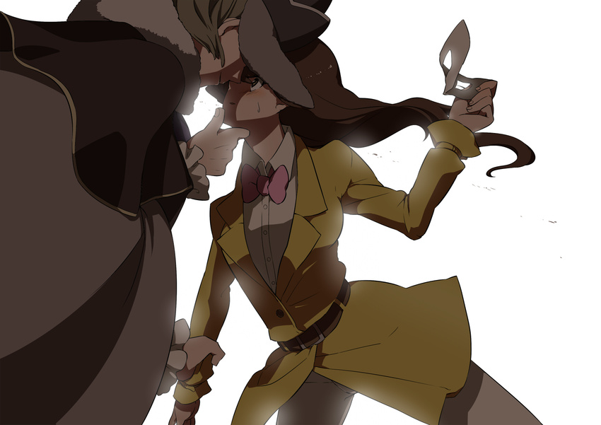 1boy bow bowtie brown_eyes brown_hair cloak commentary_request female fujikami_(lilac) grabbing hand_on_another's_face highres jacket jean_descole long_hair looking_at_another mask professor_layton remi_altava sweatdrop unworn_mask white_background