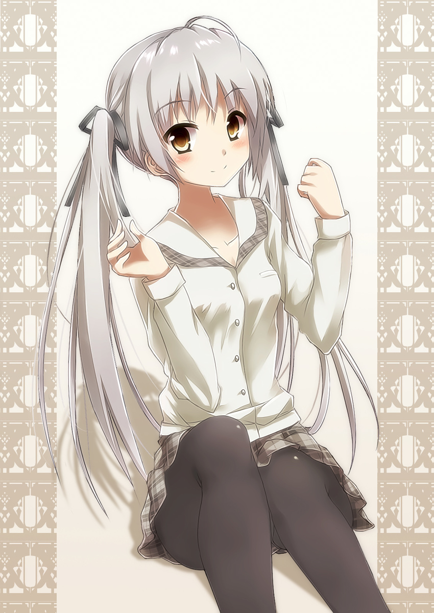 ahoge bad_id bad_pixiv_id black_pantyhose black_ribbon breasts cleavage collarbone female grey_hair hair_ribbon highres icyfox kasugano_sora long_hair looking_at_viewer pantyhose photoshop_(medium) pleated_skirt ribbon shirt skirt small_breasts smile solo twintails white_shirt yellow_eyes yosuga_no_sora