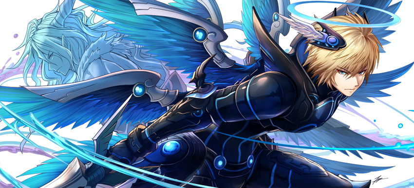 2boys angel archangel_lucifer archdemon_lucifer_(p&d) blonde_hair blue_eyes blue_wings closed_mouth commentary_request feathered_wings fur_trim gauntlets glowing hair_between_eyes halo head_wings holding holding_sword holding_weapon horns light_frown long_hair male_focus md5_mismatch multiple_boys multiple_wings puzzle_&_dragons resolution_mismatch source_larger sword tenyo0819 visible_air water weapon wings