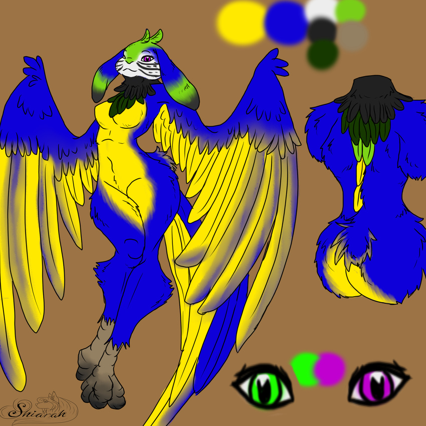 1:1 anthro ara_(genus) avian bird blue-and-yellow_macaw digital_media_(artwork) european_mythology feathered_wings feathers feet female greek_mythology harpy hi_res hybrid lagomorph macaw mammal mythological_avian mythological_creature mythology neon neotropical_parrot parrot shiarah simple_background skvader solo talons toes true_parrot wings