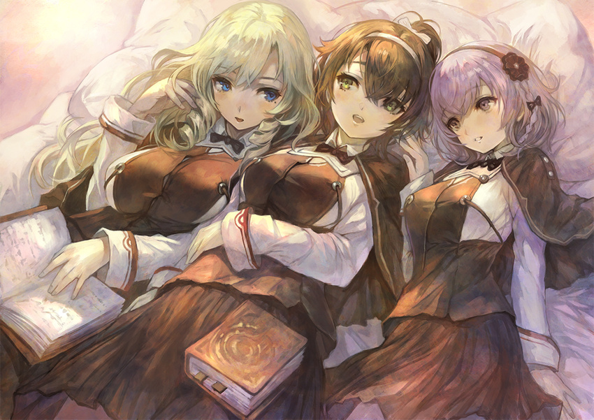 3girls :o alushe_anatolia bed bed_sheet blonde_hair blue_eyes book breasts drill_hair girl_sandwich green_eyes hairband large_breasts liliana_sailfin long_hair long_sleeves looking_at_another louenhide_ariarhod lying medium_breasts multiple_girls official_art open_mouth ponytail purple_eyes purple_hair red_hair sandwiched school_uniform short_hair yoru_no_nai_kuni yoru_no_nai_kuni_2 yoshiku_(oden-usagi)