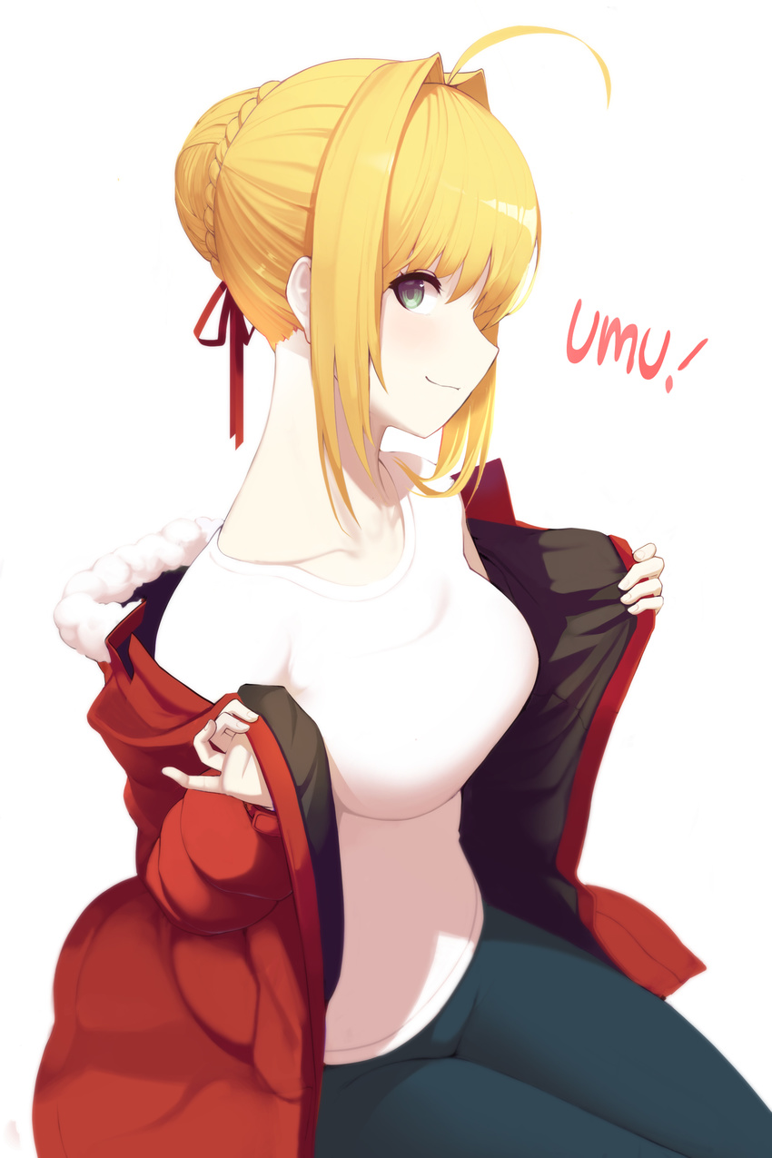 absurdres ahoge amejaga blonde_hair braid breasts casual closed_mouth fate/extra fate_(series) female from_side fur_trim green_eyes hair_bun hair_intakes highres jacket long_neck long_sleeves looking_at_viewer medium_breasts nero_claudius_(fate) nero_claudius_(fate/extra) open_clothes open_jacket photoshop_(medium) profile short_hair simple_background single_hair_bun sitting smile solo umu_(phrase) white_background