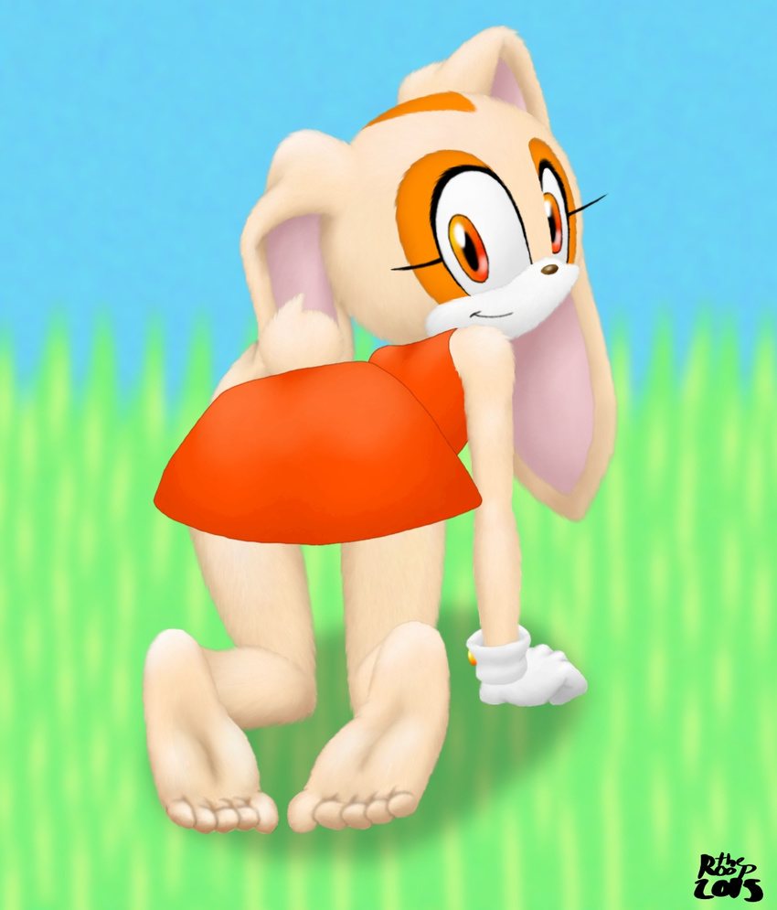 all_fours anthro clothed clothing cream_the_rabbit dress female hi_res lagomorph leporid looking_at_viewer looking_back mammal rabbit sega smile solo sonic_the_hedgehog_(series) the_roop