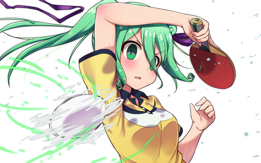 arm_up blush commentary_request empty_eyes eyebrows female futamaru_kururi green_eyes green_hair hair_between_eyes highres open_mouth paddle polo_shirt rariemonn shakunetsu_no_takkyuu_musume solo sweat table_tennis_paddle wet wet_clothes