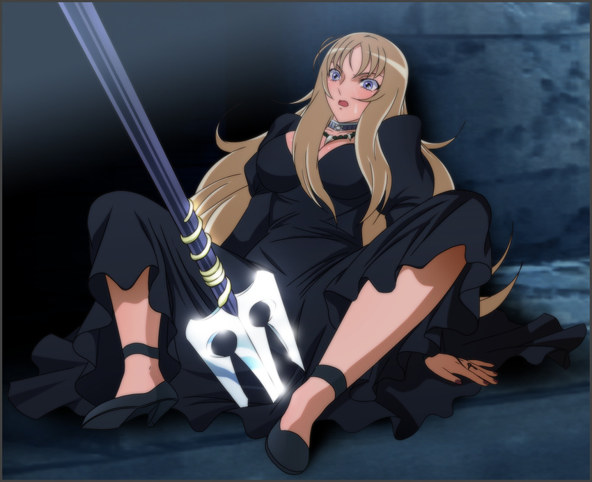 aquila_yuna blonde_hair blue_eyes blush breasts cleavage cosplay dress feet high_heels highres jewelry long_hair nail_polish necklace open_mouth pandora_(saint_seiya) polearm saint_seiya saint_seiya_omega shoes sitting solo spread_legs sweatdrop trident weapon yadokari_genpachirou