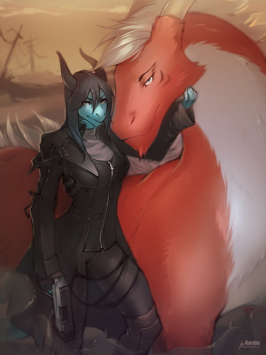 3:4 anthro avi_(darkastray) axis_(character) breasts clothed clothing dragon duo female feral fur furred_dragon furred_scalie hair hi_res horn kardie larger_feral looking_at_viewer mythological_creature mythological_scalie mythology non-mammal_breasts outside ranged_weapon scalie size_difference smaller_anthro smile weapon