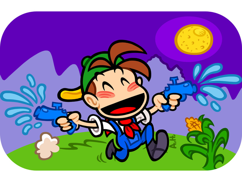 1boy cap farmer happy harvest_moon hat pete_(harvest_moon) water_gun