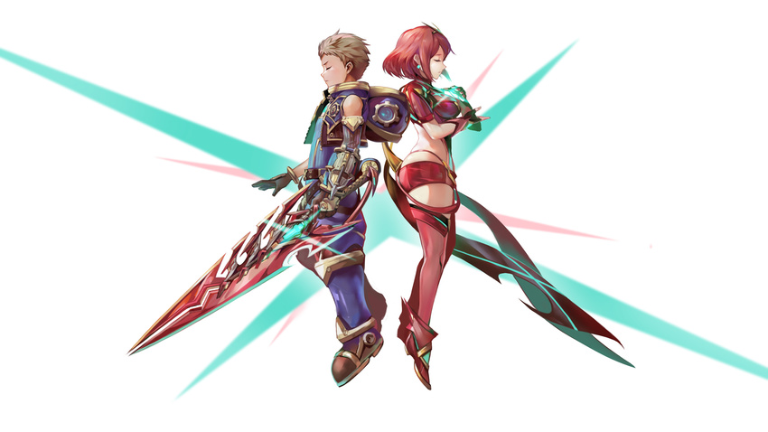 1boy bardosui black_hair bodysuit breasts brown_hair crotchless_pants female fingerless_gloves gloves hair_ornament highres homura_(xenoblade_2) red_eyes red_hair rex_(xenoblade_2) short_hair simple_background smile sword weapon xenoblade xenoblade_2