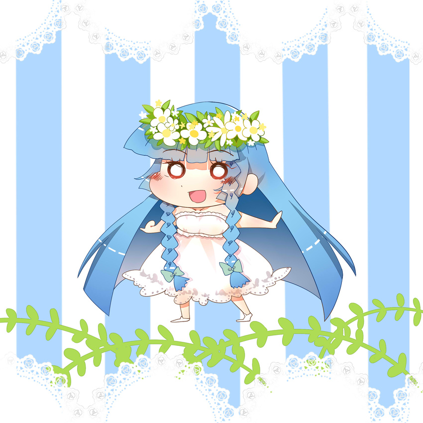 3000_xiao_chun :d blue_hair bow braid chibi commentary_request female flower hair_ribbon hairbow head_wreath highres long_hair looking_at_viewer open_mouth original outstretched_arms ribbon smile solo spread_arms twin_braids