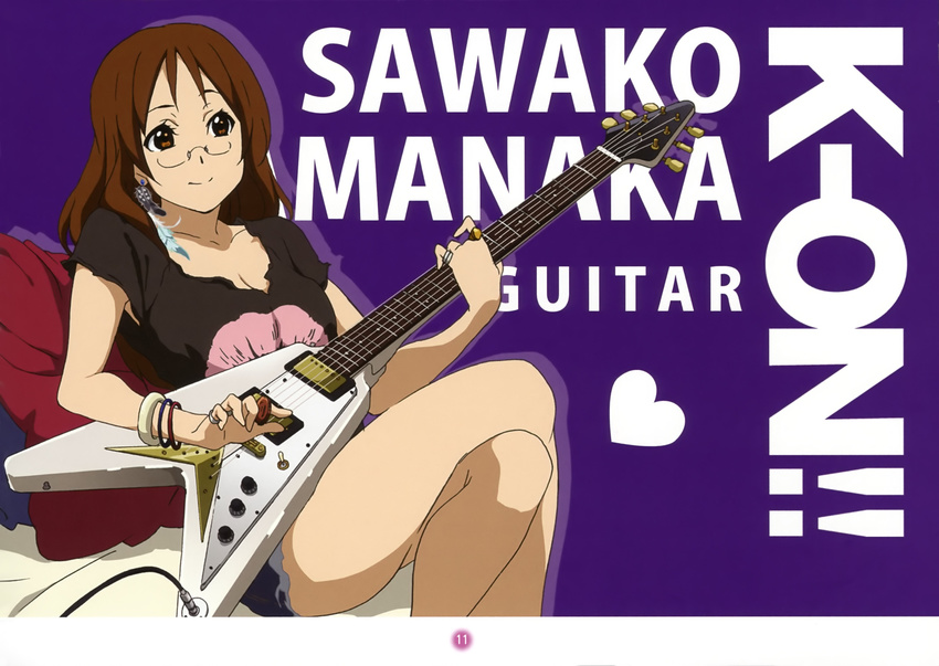 absurdres breasts casual character_name cleavage coin comiket_79 copyright_name crossed_legs electric_guitar feathers female gibson_brands_inc gibson_flying_v glasses guitar highres instrument k-on! large_breasts legs official_art scan sitting smile solo thighs yamada_naoko yamanaka_sawako