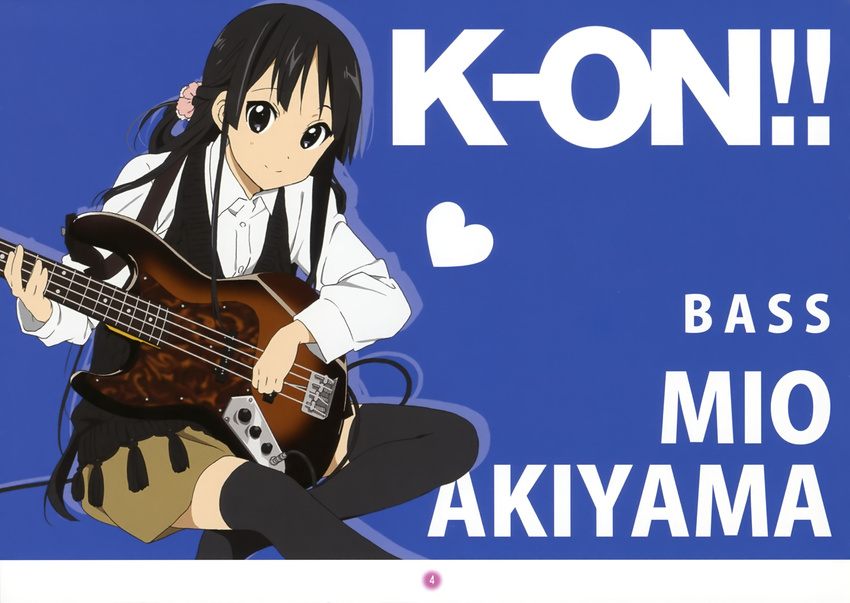 absurdres akiyama_mio alternate_hairstyle bass_guitar casual comiket_79 female highres horiguchi_yukiko instrument k-on! long_hair official_art ponytail scan solo thighhighs