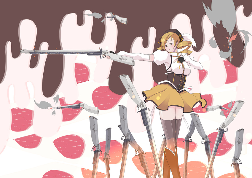 beret blonde_hair boots commentary_request detached_sleeves drill_hair female field_of_blades fingerless_gloves firing floating floating_object floating_weapon gloves gun hair_ornament hairpin hat highres magical_girl magical_musket mahou_shoujo_madoka_magica mahou_shoujo_madoka_magica_(anime) multiple_weapons planted planted_gun pleated_skirt puffy_sleeves ribbon rifle short_hair skirt solo striped_clothes striped_thighhighs thighhighs tomoe_mami tomoe_mami_(magical_girl) tumekui vertical-striped_clothes vertical-striped_thighhighs weapon witch's_labyrinth yellow_eyes zettai_ryouiki