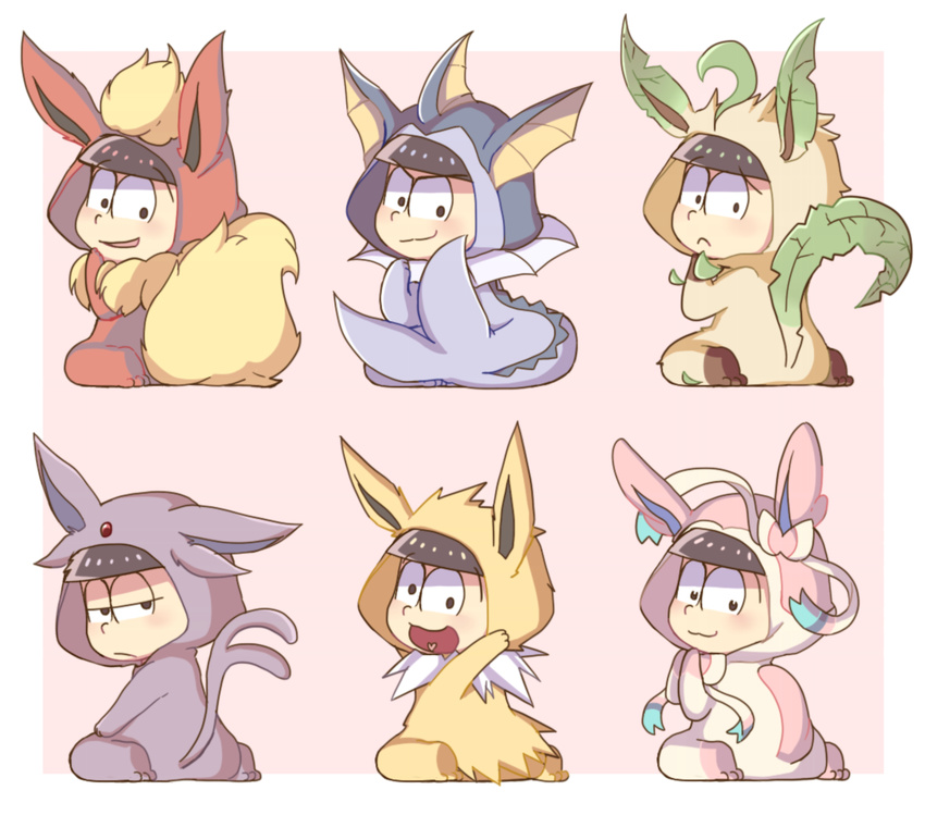 6+boys :3 animal_costume bad_id bad_pixiv_id black_eyes black_hair blunt_bangs blush brothers chibi closed_mouth cosplay espeon espeon_(cosplay) eyebrows flareon flareon_(cosplay) forked_tail frown full_body half-closed_eyes heart heart_in_mouth jolteon jolteon_(cosplay) koineko_(aph0310) leafeon leafeon_(cosplay) looking_at_viewer male_focus matsuno_choromatsu matsuno_ichimatsu matsuno_jyushimatsu matsuno_karamatsu matsuno_osomatsu matsuno_todomatsu multiple_boys osomatsu-kun osomatsu-san osomatsu_(series) pink_background pokemon pokemon_ears pokemon_tail sextuplets siblings simple_background sitting sylveon sylveon_(cosplay) tail vaporeon vaporeon_(cosplay) wariza