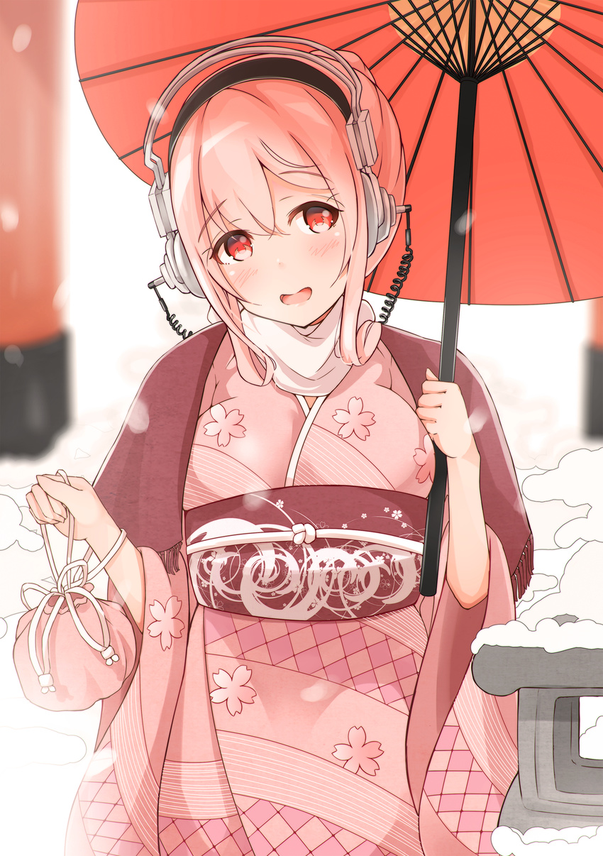 2016 arykei blush breasts commentary_request female headphones highres japanese_clothes kimono large_breasts long_hair looking_at_viewer nengajou new_year nitroplus obi oil-paper_umbrella open_mouth pink_hair red_eyes sash smile solo super_sonico umbrella