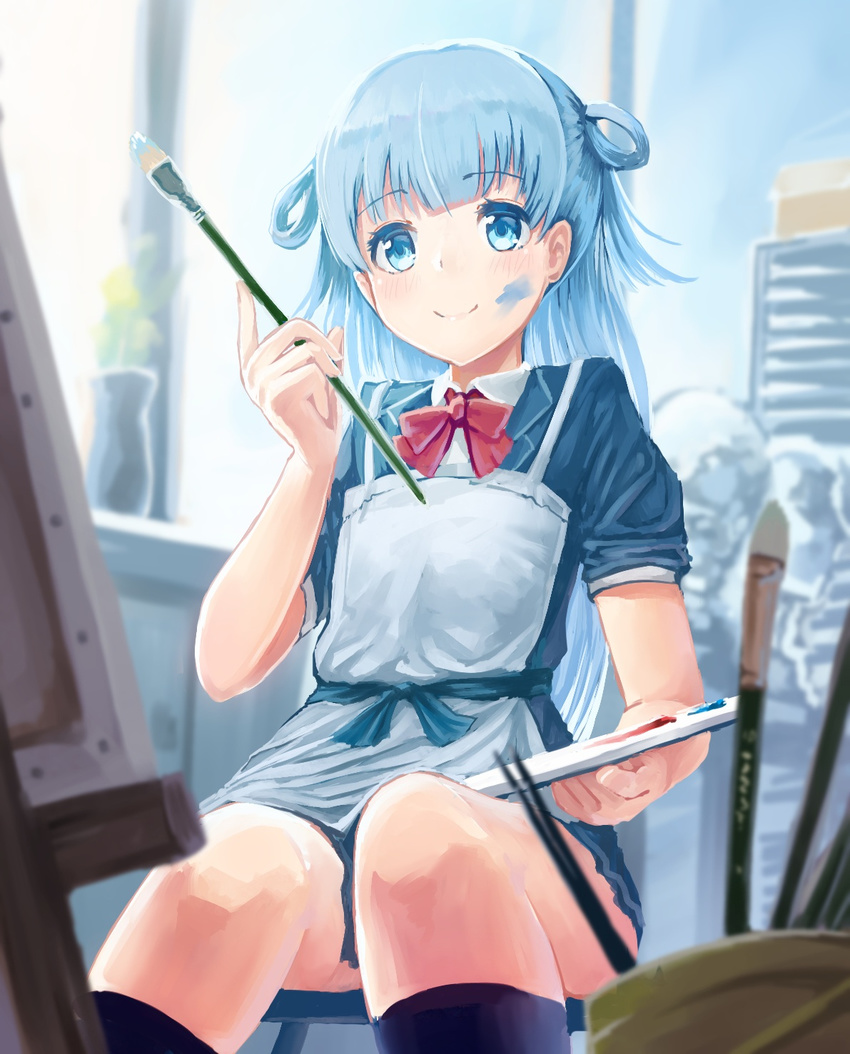 apron art_room bad_id bad_pixiv_id black_socks blazer blue_eyes blue_hair blue_jacket blue_skirt blue_theme blunt_bangs blurry blurry_foreground bow bowtie canvas_(object) chair closed_mouth commentary day easel faux_traditional_media female flower foreshortening hair_rings hand_up highres holding holding_paintbrush indoors jacket kneehighs light_blush long_hair looking_at_viewer on_chair original paint_splatter paint_splatter_on_face paintbrush palette_(object) pixiv-tan red_bow red_bowtie ribbon school_uniform shirt short_sleeves sitting skirt smile socks solo suzuki_puramo vase white_shirt window