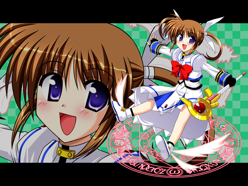 blue_eyes brown_hair commentary_request female fingerless_gloves full_body gloves highres lask long_hair lyrical_nanoha magic_circle mahou_shoujo_lyrical_nanoha raising_heart raising_heart_(accel_mode) solo staff takamachi_nanoha takamachi_nanoha_(sacred_mode) twintails zoom_layer