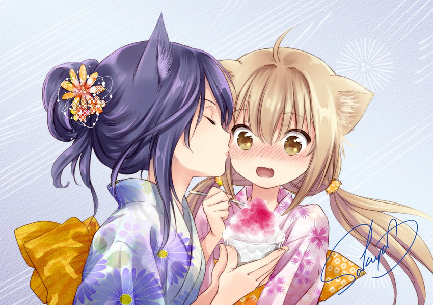 2girls ahoge amano_sakuya animal_ears artist_name black_hair blonde_hair blush brown_eyes closed_eyes commentary_request food fox_ears from_side hair_ornament japanese_clothes kimono kissing kissing_cheek konohana_kitan long_hair low_twintails multiple_girls nose_blush official_art open_mouth profile satsuki_(konohana_kitan) shaved_ice signature surprised twintails wavy_mouth yukata yuri yuzu_(konohana_kitan)