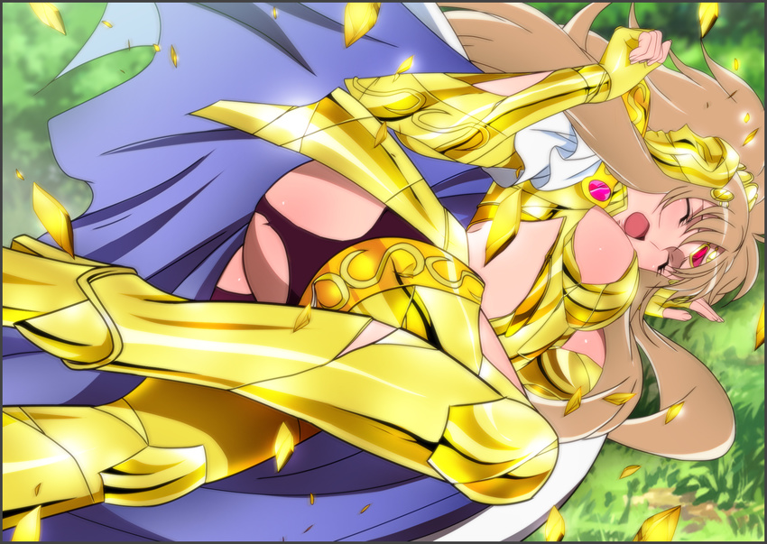 aquila_yuna armor blonde_hair blush breasts broken_armor cape closed_eyes cosplay defeated gemini_paradox highres long_hair lying on_side open_mouth saint_seiya saint_seiya_omega screaming solo torn_clothes yadokari_genpachirou