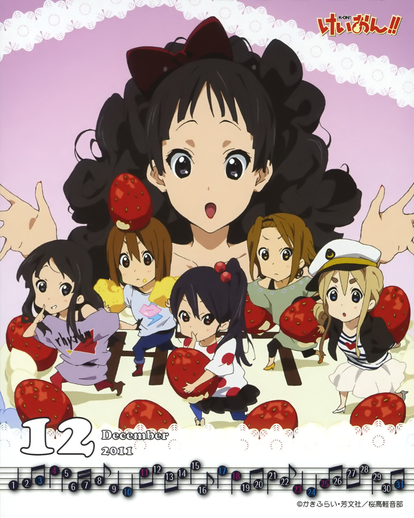 2011 6+girls akiyama_mio blue_legwear cake calendar_(medium) chibi dual_persona food fruit highres hirasawa_yui icing k-on! kotobuki_tsumugi leggings listen!! long_hair multiple_girls naitou_nao nakano_azusa official_art pantyhose red_legwear scan strawberry tainaka_ritsu