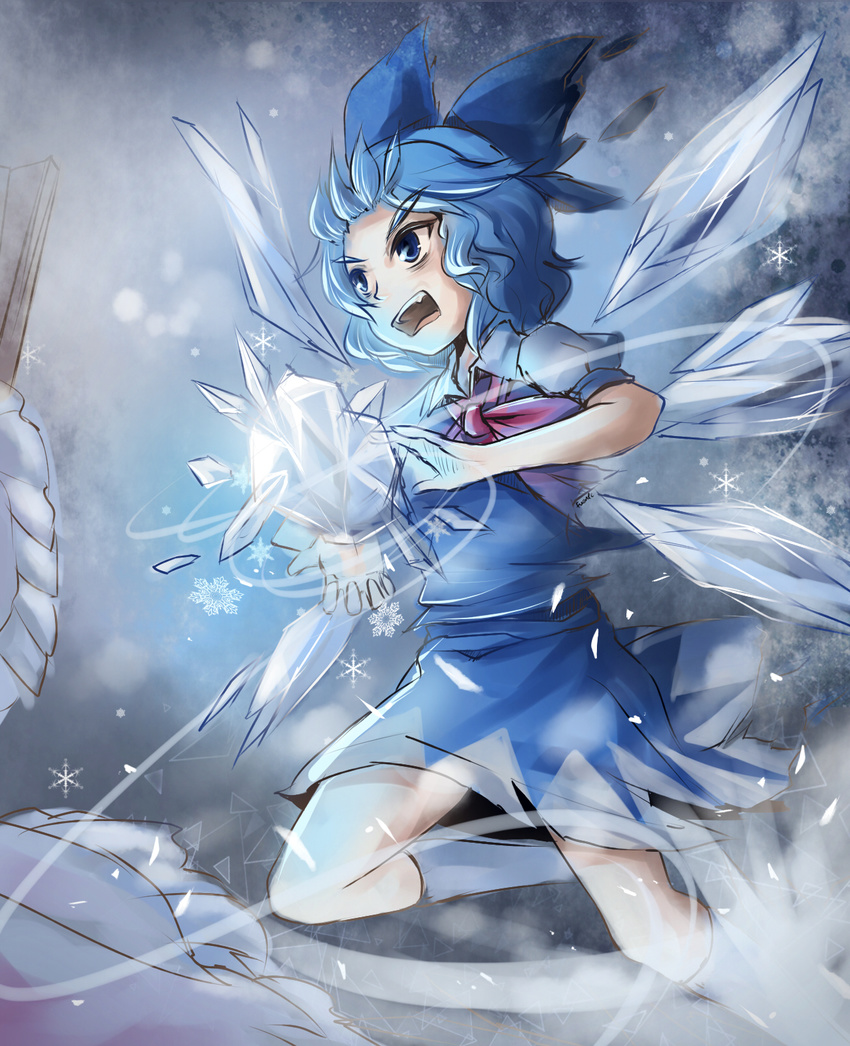 :d aerokinesis ascot blue_dress blue_eyes blue_hair cirno cirno_day collared_shirt commentary_request cryokinesis dress female fuente highres ice ice_wings open_mouth puffy_short_sleeves puffy_sleeves shirt short_sleeves skirt skirt_set smile snowflakes socks solo swirling touhou v-shaped_eyebrows vest wavy_hair white_socks wind wings