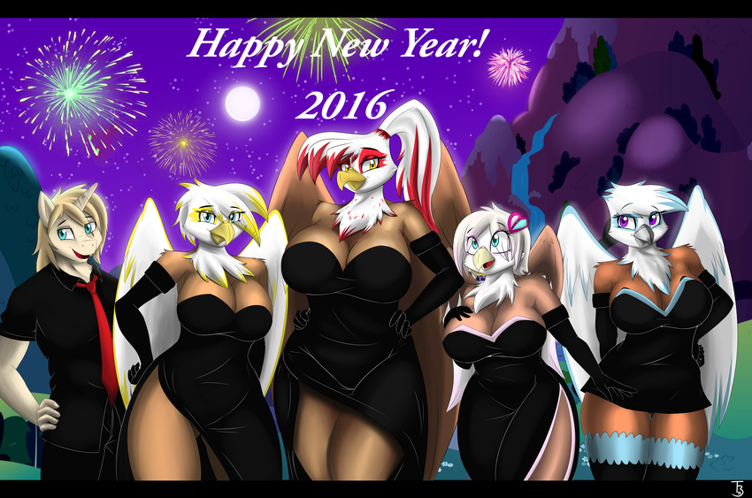 2016 absurd_res alexandra_railen anthro armwear avian beak breasts cleavage clothed clothing elbow_gloves equid equine fan_character feathered_wings feathers female fireworks gloves group gryphon hair handwear hasbro hi_res holidays horn legwear looking_at_viewer male mammal maxi my_little_pony mythological_avian mythological_creature mythological_equine mythology necktie new_year outside skye_snowtail talisa_pierce tallyburd text unicorn vivica_pilgrim wings