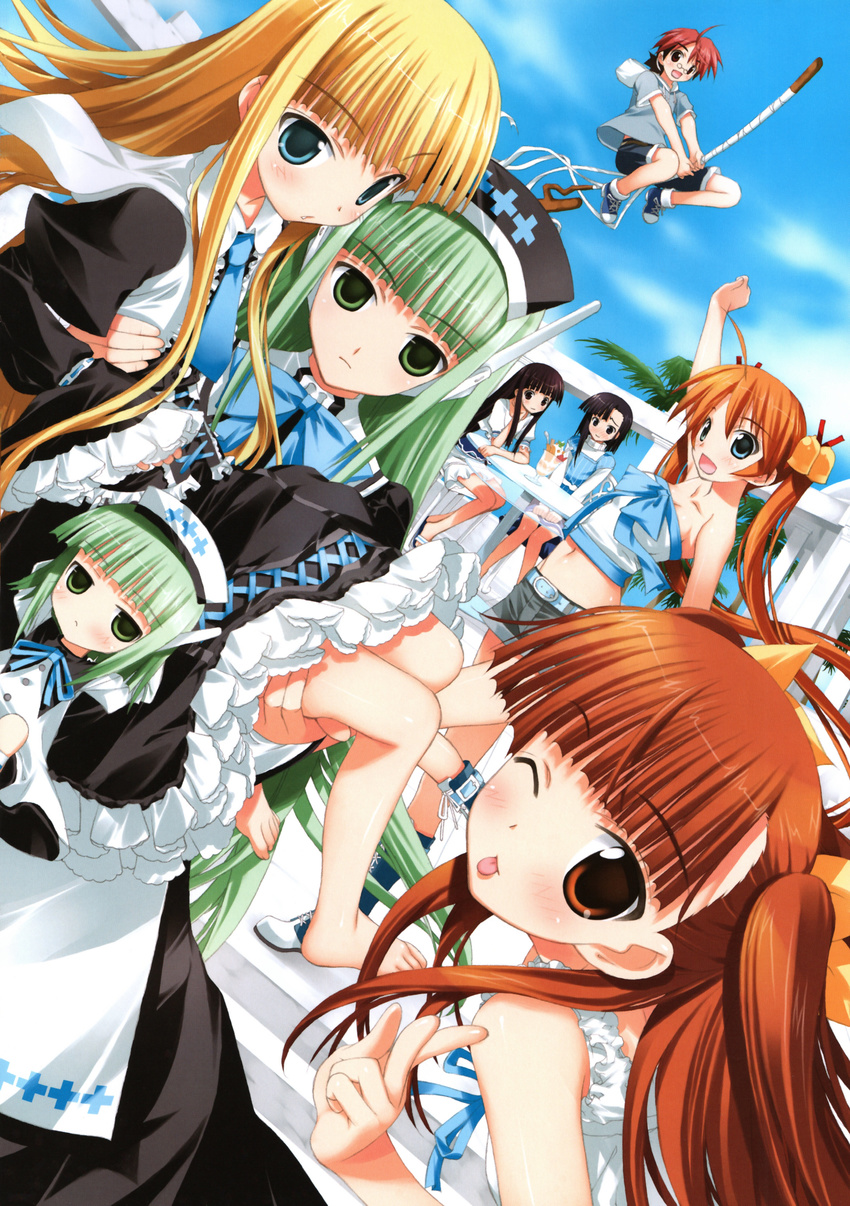 1boy 6+girls :d :p absurdres android anya_cocolova bare_shoulders barefoot bell blonde_hair blue_eyes blush boots breasts brown_eyes casual chachazero character_request cleavage dress evangeline_a_k_mcdowell flying frilled_dress frills fujima_takuya glasses green_eyes green_hair hair_ornament heterochromia highres kagurazaka_asuna karakuri_chachamaru konoe_konoka long_hair mahou_sensei_negima! maid_headdress midriff multiple_girls negi_springfield official_art open_mouth orange_hair purple_eyes purple_hair robot_ears sakurazaki_setsuna scan short_hair shorts skirt smile staff tongue tongue_out twintails very_long_hair wink