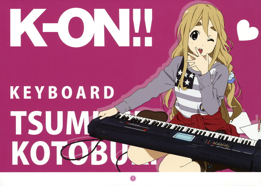 :o absurdres american_flag casual comiket_79 female highres horiguchi_yukiko instrument k-on! keyboard_(instrument) kotobuki_tsumugi long_hair official_art one_eye_closed open_mouth scan solo thick_eyebrows yawning