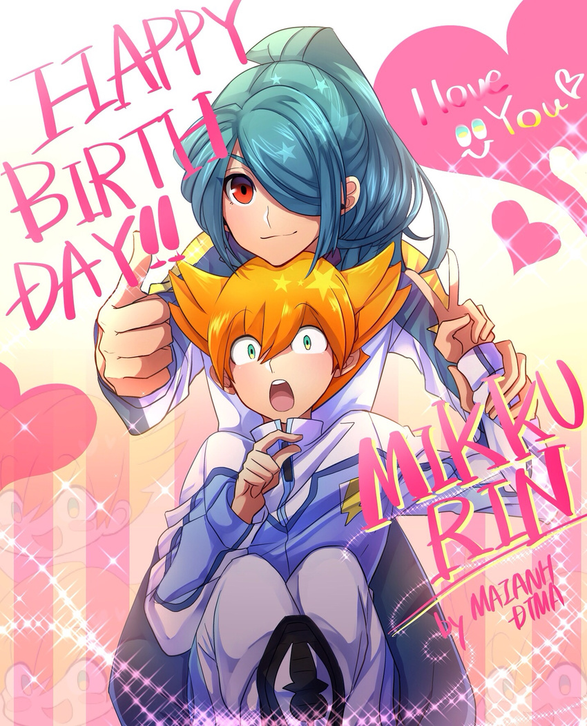 2boys aqua_eyes bad_id bad_pixiv_id birthday crossover earth_eleven english_text hair_over_one_eye happy_birthday heart highres inazuma_eleven inazuma_eleven_(series) inazuma_eleven_go inazuma_japan jacket kazemaru_ichirouta long_hair maianh male_focus minaho_kazuto multiple_boys nishigaki_yuka open_mouth orange_hair pants ponytail red_eyes thumbs_up track_jacket track_pants track_suit v voice_actor_connection yonaga_tsubasa