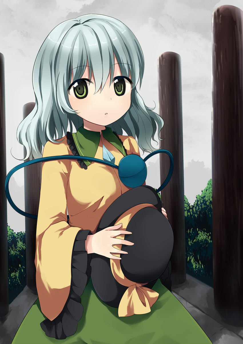 absurdres aqua_hair bad_id bad_pixiv_id eyeball female green_eyes grey_hair hat hat_on_chest highres holding holding_clothes holding_hat ika komeiji_koishi log long_hair looking_at_viewer open_mouth ribbon short_hair solo third_eye touhou unworn_hat unworn_headwear