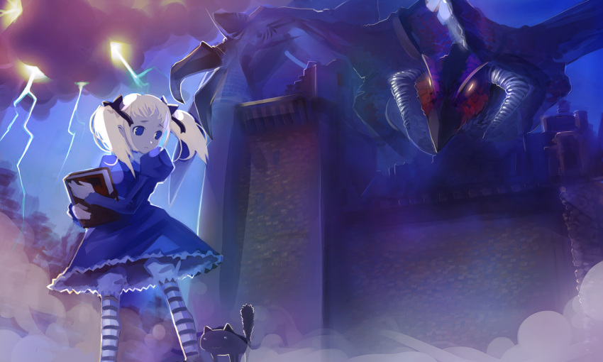 alice_(odin_sphere) blonde_hair bloomers blue_eyes book castle commentary_request dragon dress feline female highres lightning odin_sphere pantyhose photoshop_(medium) socrates_(odin_sphere) solo_focus striped_clothes striped_pantyhose takashima thighhighs twintails underwear wagner_(odin_sphere)