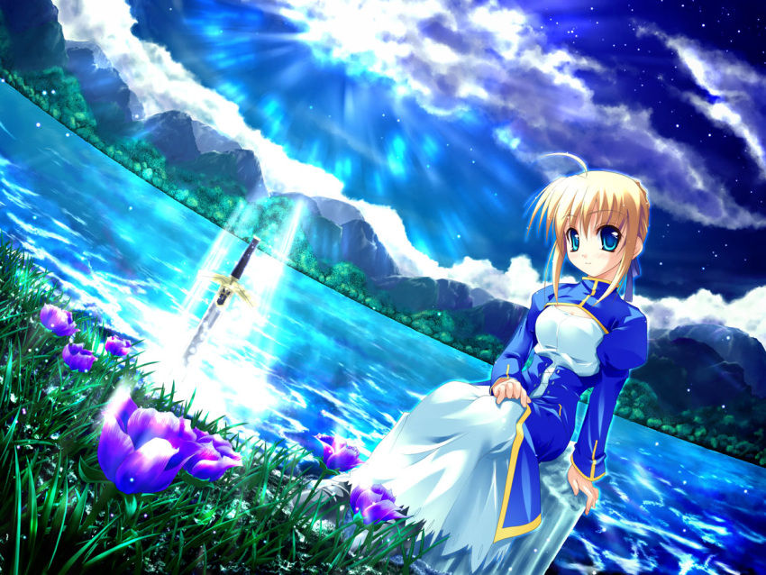 ahoge artoria_pendragon_(fate) blonde_hair blue_eyes fate/stay_night fate_(series) female flower nature onsokuzekuu photoshop_(medium) saber_(fate) scenery solo sword weapon