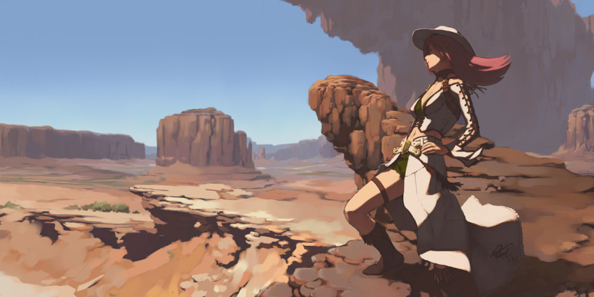 bad_id bad_pixiv_id boots cowboy_hat cowboy_western day desert female fringe_trim fuchida_kazuhiro hands_on_own_hips hat leaning mesa original outdoors photoshop_(medium) red_hair sky solo