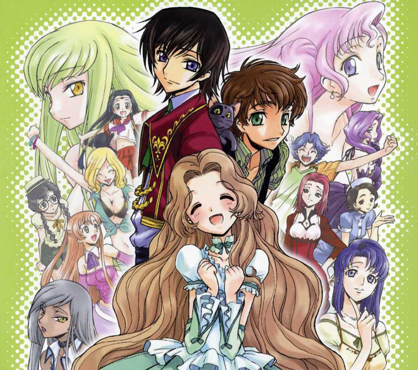 3boys 6+girls alternate_costume arthur_(code_geass) bikini black_hair blonde_hair blue_eyes blue_hair blush braid breasts brown_hair c.c. cecile_croomy cleavage closed_eyes code_geass dark_skin dress euphemia_li_britannia feline glasses green_eyes green_hair grey_hair hair_tubes hat jpeg_artifacts kimura_takahiro kouzuki_kallen kururugi_suzaku lelouch_vi_britannia long_hair midriff midriff_peek milly_ashford multiple_boys multiple_girls nina_einstein nunnally_vi_britannia ookouchi_ricca orange_hair photoshop_(medium) pink_hair purple_eyes purple_hair red_hair rivalz_cardemonde school_uniform serafuku shirley_fenette short_hair sumeragi_kaguya swimsuit twin_braids very_long_hair villetta_nu w_arms yellow_eyes