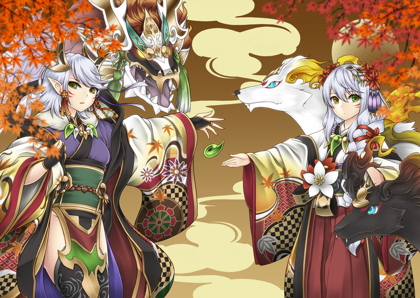 2girls absurdres black_legwear blue_eyes comiket_91 commentary_request dragon dragon_girl dragon_horns facial_mark flower glowing glowing_eyes green_eyes hagoromo hair_flower hair_ornament heterochromia highres horns japanese_clothes jewelry kaede_(p&d) kimono leaf lily_(flower) long_hair looking_at_viewer magatama maple_leaf meshida_(lux-far-accelerator) miko momiji_(p&d) multiple_girls necklace obi outstretched_arm parted_lips pointy_ears puzzle_&_dragons sash shawl short_hair thighhighs white_hair wide_sleeves wolf yamatsumi_dragon_(p&d) yellow_eyes