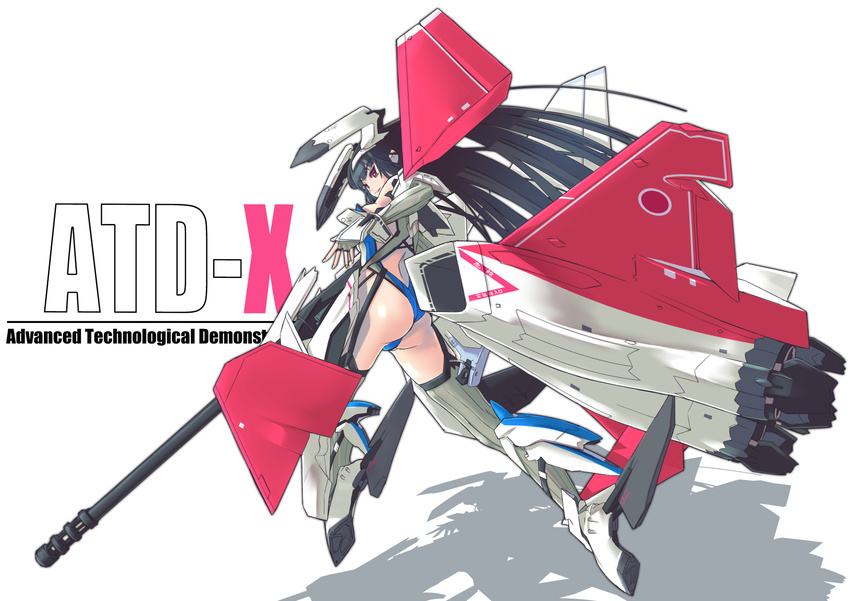 aircraft airplane ass black_hair commentary_request female gun highres long_hair mecha_musume nenchi original personification red_eyes simple_background solo thighs weapon x-2_shinshin x-2_shinshin_(personification)