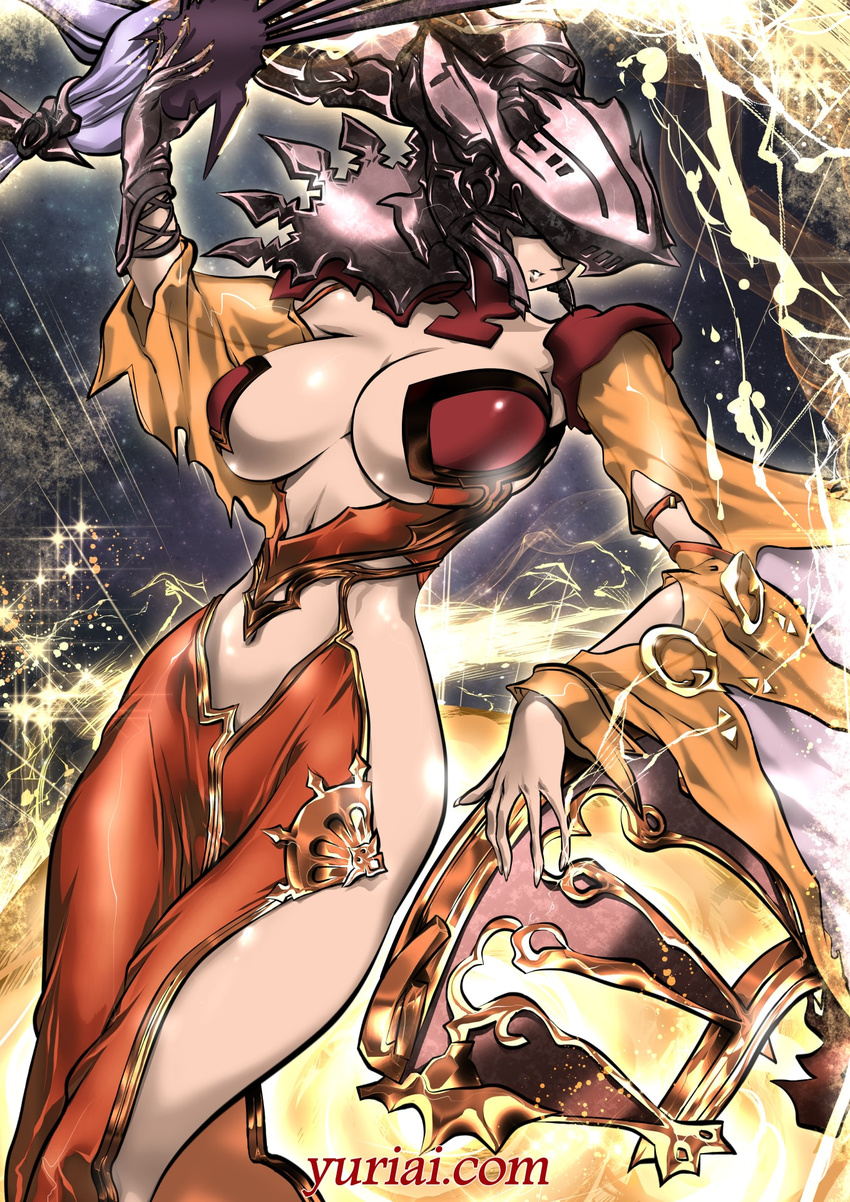 breasts colow commentary_request detached_sleeves dress female folding_fan gloves granblue_fantasy grey_gloves hand_fan highres large_breasts long_sleeves midriff orange_dress parted_lips pelvic_curtain revealing_clothes single_glove solo sparkle watermark web_address yuri_ai