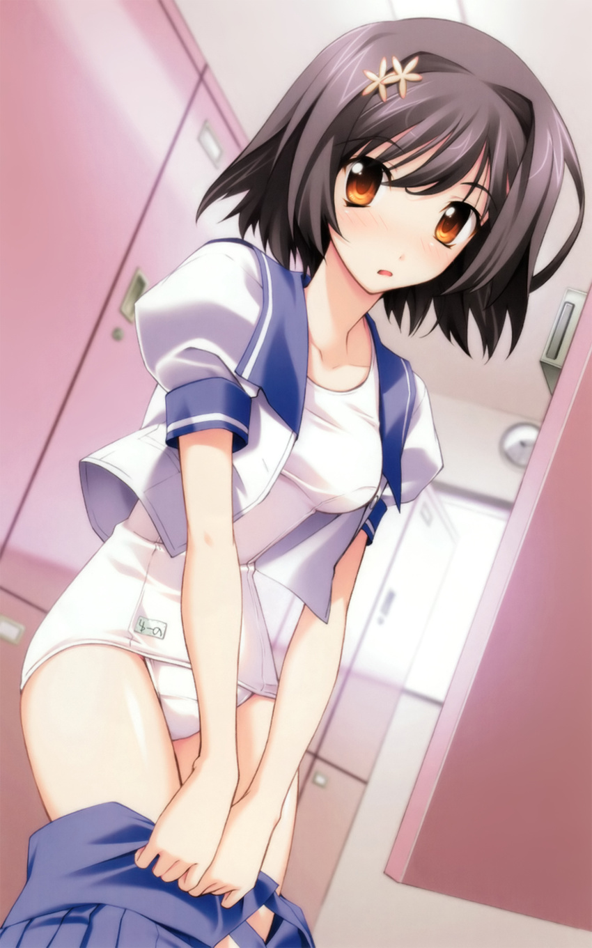 blush brown_eyes dutch_angle female grey_hair highres kasuga_yuuno locker locker_room matsuo_yukihiro memories_off memories_off_6 one-piece_swimsuit photoshop_(medium) scan scan_artifacts school_swimsuit school_uniform serafuku short_hair solo swimsuit swimsuit_under_clothes undressing white_one-piece_swimsuit