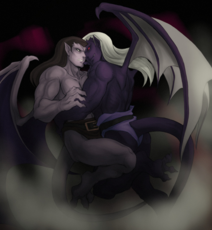 abs belt biceps bottomwear brown_eyes brown_hair claws clone close_(disambiguation) clothed clothing disney duo father_(lore) gargoyle gargoyles goliath_(gargoyles) hair hi_res humanoid incest_(lore) loincloth long_hair male male/male mammal membrane_(anatomy) membranous_wings muscular not_furry parent_(lore) pecs red_eyes son_(lore) teeth thailog_(gargoyles) toe_claws topless tornking white_hair wings